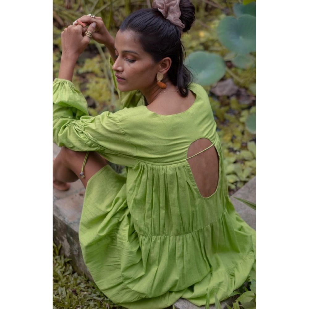 Jodi | Made in India Green Cottage Core Zinnia Tiered Babydoll Dress ~ Medium - Picture 3 of 10